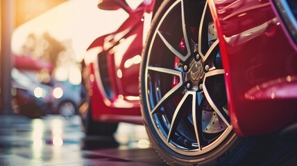 Detail of a shiny red sports car's wheel and brake in a showroom