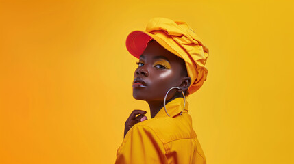 Fashion portrait of young african woman in yellow and cap posing on yellow background, copy space for text banner, magazine cover, commercial photography