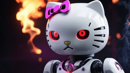 modern white Evil kitty robot with bright luminous neon red purple eyes 