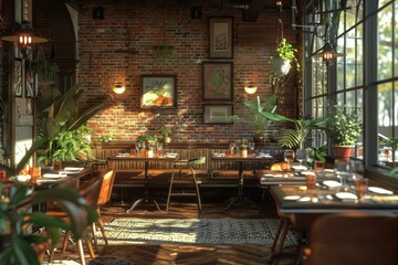 Fototapeta na wymiar Cozy Restaurant With Brick Wall and Abundant Plants