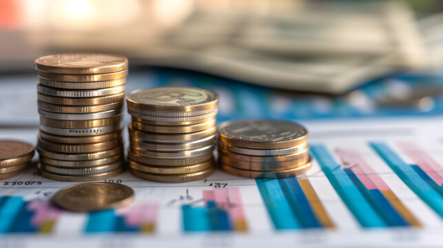 Close up of coins stacks on business document with shallow depth of field