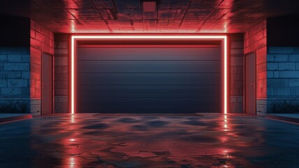 Sleek and cool garage entrance bathed in neon lights with a modern aesthetic - obrazy, fototapety, plakaty