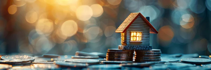 Foto op Canvas A miniature house on top of stacks of coins, representing the concept of Real estate investment planning property home. © Nice Seven