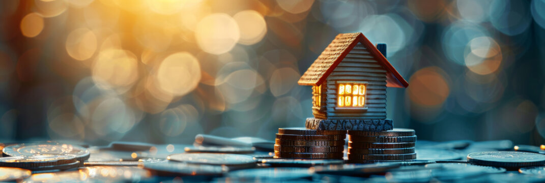 A miniature house on top of stacks of coins, representing the concept of Real estate investment planning property home.