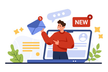 New email and SMS notification in mailbox mobile app. Tiny on laptop screen giving envelopes with letters, documents and unread message icons, notice about mail delivery cartoon vector illustration