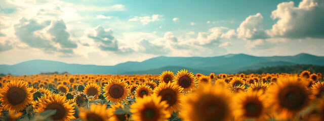 field sunflowers at noon in the style of expansive, agriculture, food and production - obrazy, fototapety, plakaty