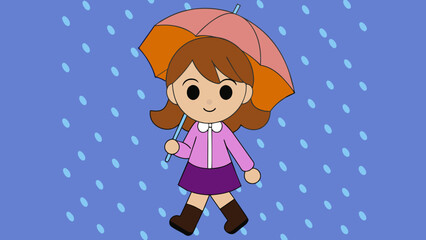Obraz na płótnie Canvas A cute little girl walking in the rain with an umbrella, vector graphics, illustration.