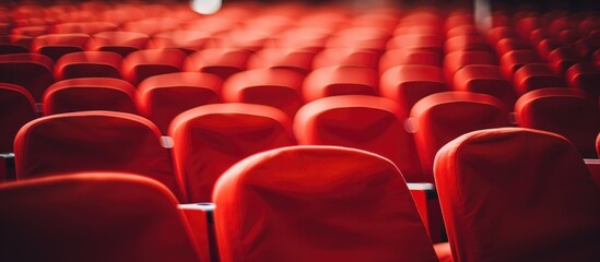 Obraz premium A row of red auditorium chairs is neatly lined up in a theater, awaiting an audience. The chairs are empty, ready for a performance to begin.