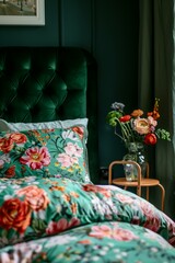bedroom with a dark green velvet bed with a velvet headboard with bright floral print bedding, interior design inspo