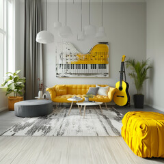 abeautiful, clean, minimalist living room, where the prominent colors are white, gray and yellow, there is a couch whose seat cushions are piano keys, and across from it there is a living room table 