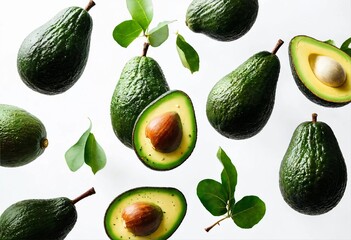 Many fresh organic avocado on white background, avocado background. Vegetarian food concept. - obrazy, fototapety, plakaty