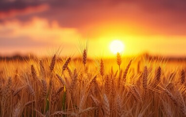 Fototapeta premium Realistic Photograph of Wheat Silhouettes Against a Vivid Orange Sunset