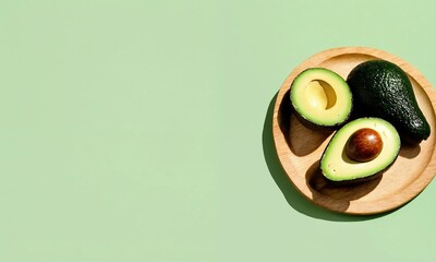Fresh organic avocado in wooden plate with free space for text on light green background, close up. Vegetarian food concept.