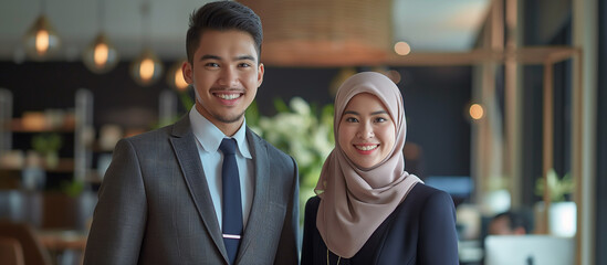 Fototapeta na wymiar Beautiful smiling muslim a businesswoman and man at office, eastern business life