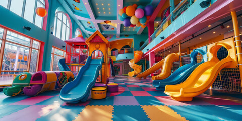 A colorful indoor playground for children with slides, play equipment and toys in school building  - obrazy, fototapety, plakaty