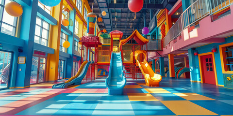 A colorful indoor playground for children with slides, play equipment and toys in school building  - obrazy, fototapety, plakaty