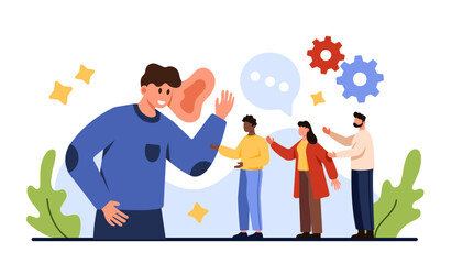 Business skill to listen to opinions, suggestions and advices. Big boss or manager with giant ear hearing voice of tiny employees on meeting, manager talking with customers cartoon vector illustration