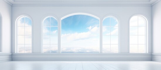 An empty white room with windows, offering a view of the sky in the background. The room appears spacious and minimalistic, with natural light streaming in through the windows.