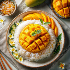 Mango sticky rice in a white plate, mango sticky rice with coconut milk It is a popular food of Thailand.