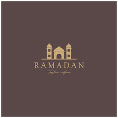Ramadan Mubarak logo with lantern elements, crescent moon and star mosque building, Islamic calligraphy pattern, for business, architecture, Muslims, Eid, Eid cards, Islamic education
