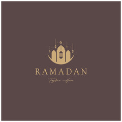 Ramadan Mubarak logo with lantern elements, crescent moon and star mosque building, Islamic calligraphy pattern, for business, architecture, Muslims, Eid, Eid cards, Islamic education