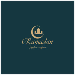 Ramadan Mubarak logo with lantern elements, crescent moon and star mosque building, Islamic calligraphy pattern, for business, architecture, Muslims, Eid, Eid cards, Islamic education