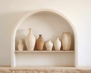 Fototapeta na wymiar White ceramic vases and glasses on a shelf in the interior of the room. in the style of sculpted forms, arched doorway, light brown and light beige, minimalist purity, pictorial space.