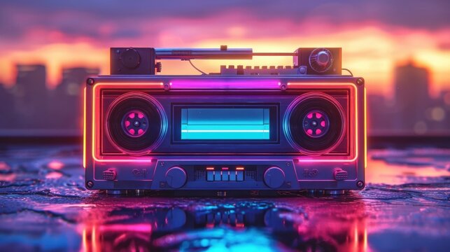 Vintage Boombox. Retro portable stereo radio cassette player. Illustration in neon style. Old fashion Music audio system for fun disco night. Musical equipment for party.