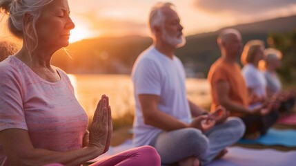 Fototapeta na wymiar Retired individuals engaging in yoga and meditation
