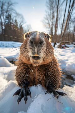 Close up photo of of beaver in wide lens and backlight in winter 