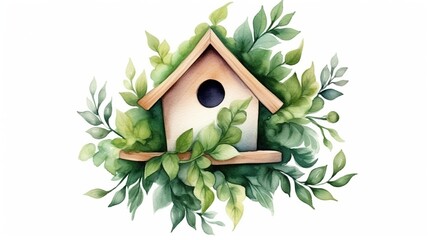 Illustration of bird house with green leaves on a white background. Animal bird box concept.