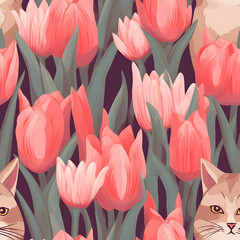 Soft blush tulips and peeking tabby cats blend in this seamless pattern, perfect for bespoke whimsical spring home decor.
