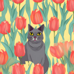 Sun-kissed yellow, radiant tulips, and a serene grey cat merge in a vibrant pattern, ideal for lively spring decor.
