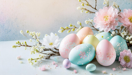 Cadre de Pâques avec œufs de Pâques colorés avec différents ornements et décorations de fleurs printanières