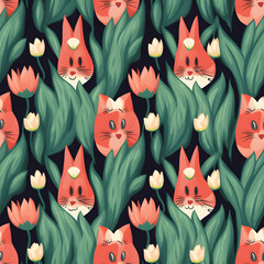 Charming seamless pattern with whimsical cat faces, vibrant tulips, and illustrated felines, ideal for springtime textile designs and pet lovers' decor.
