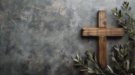 Close-up of a Wooden Cross on Wall Surrounded by Leaf,  Symbol of Christianity and Spirituality
