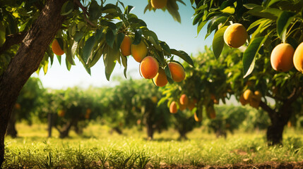 Mango trees in an orchard With copyspace for text ..
