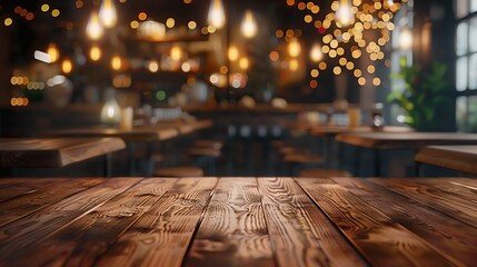 Wooden table in modern room with defocused background and shiny lighting, night interior design concept - Powered by Adobe