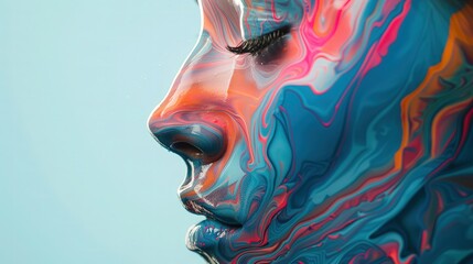 Kobieta ma na twarzy malowidło wykonane wielobarwnym farbą, tworząc unikalny wzór i artystyczną kompozycję. - obrazy, fototapety, plakaty