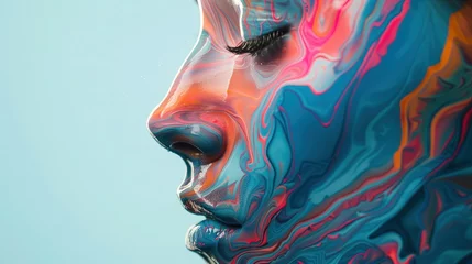 Keuken spatwand met foto Kobieta ma na twarzy malowidło wykonane wielobarwnym farbą, tworząc unikalny wzór i artystyczną kompozycję. © Artur