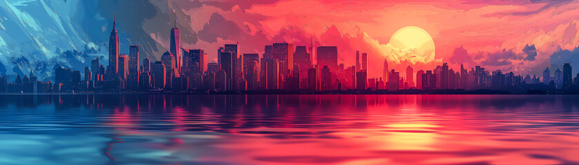 wallpaper artwork of a beautiful sunset cityscape, big metropolis city skyline, birds view, panorama, big sun, painting