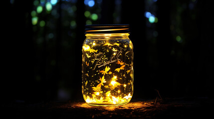 Mason Jar with Fireflies Glass Mason Jar Filled with G - obrazy, fototapety, plakaty