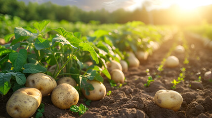 Potatoes on the field in the rays of the setting sun. generative ai - obrazy, fototapety, plakaty
