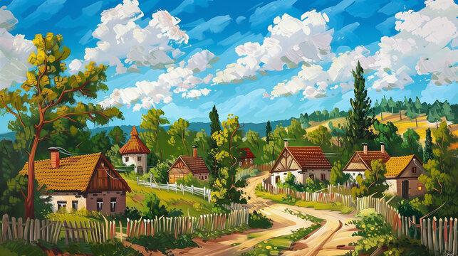 A small village with wooden houses and green fields, a road leading to the horizon and white clouds in the blue sky in oil painting and pixel art style banner. Suitable for summer card of countryside.