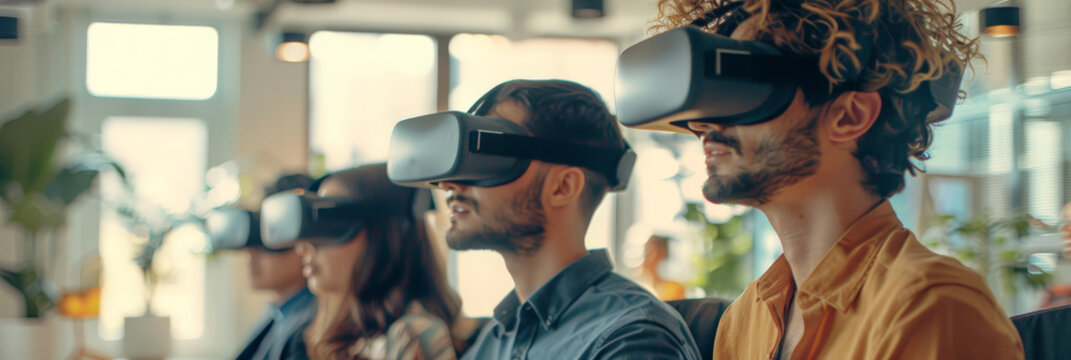 A group of people in an office exploring virtual reality, each wearing VR headsets and sitting at desks in office, futuristic