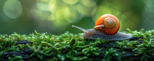 Close-up photo of a snail on a mossy log. Concept Nature Photography, Macro Shots, Wildlife Close-Ups, Forest Creatures, Mossy Log Beauty - Powered by Adobe