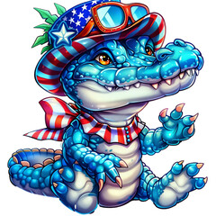Funny cartoon American alligator in a star hat isolated on transparent background. For USA Independence day July 4th celebration. Cute animal flat clipart illustration for sticker, banner