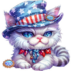 Grumpy cartoon American cat in a cylinder hat isolated on transparent background. For USA Independence day July 4th celebration. Funny animal flat clipart illustration for sticker, banner