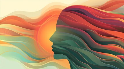 Abstrakcyjny obraz kobiety z włosami i twarzą zrobionych z fal na tle słońca - obrazy, fototapety, plakaty