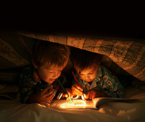 Flashlight, blanket and children at night with happiness in dark with drawing in a book. Friends,...